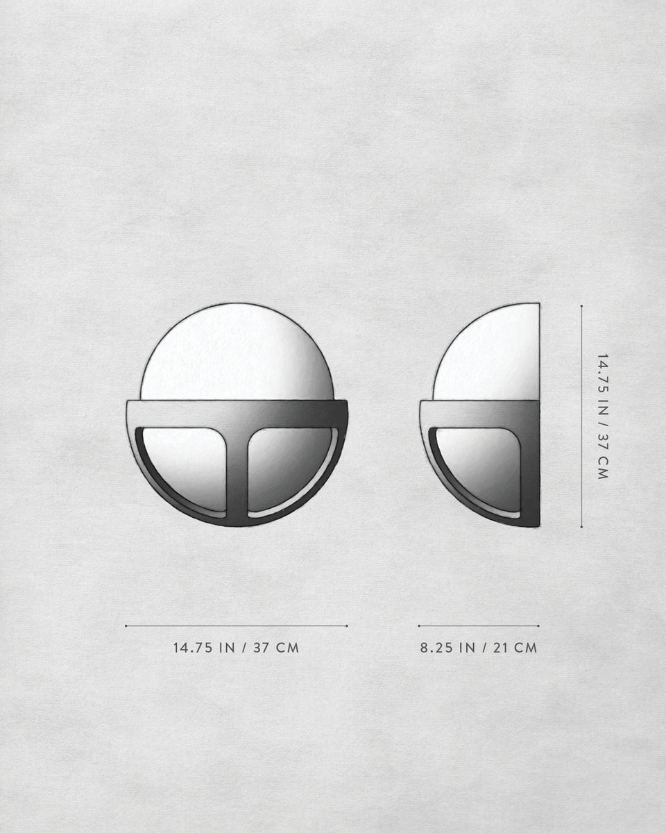 Technical illustration showing front and side views of a semicircular object with dimensions on a light background