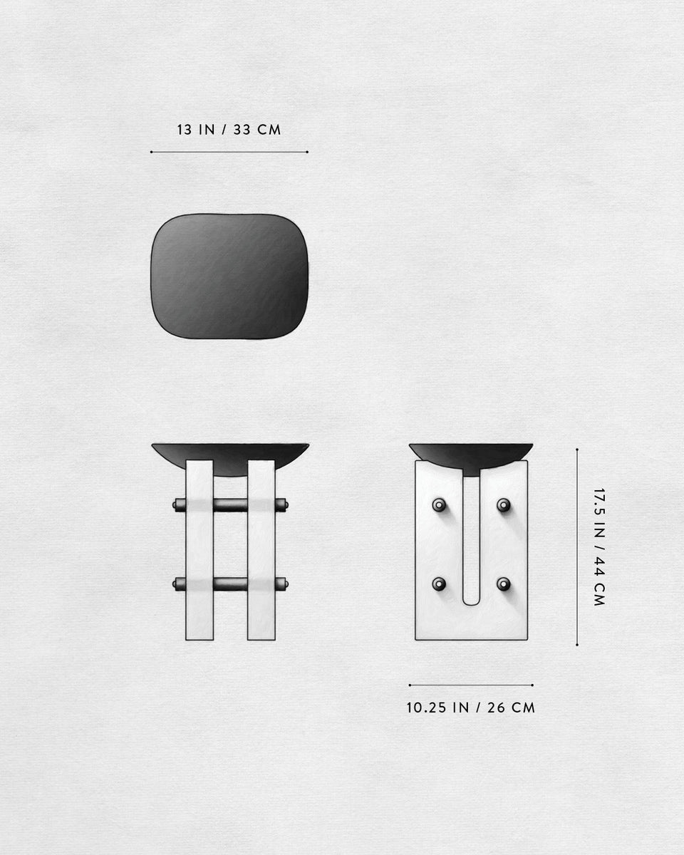 Technical drawing of a stool showing top, front, and side views with measurements in inches and centimeters on a white background