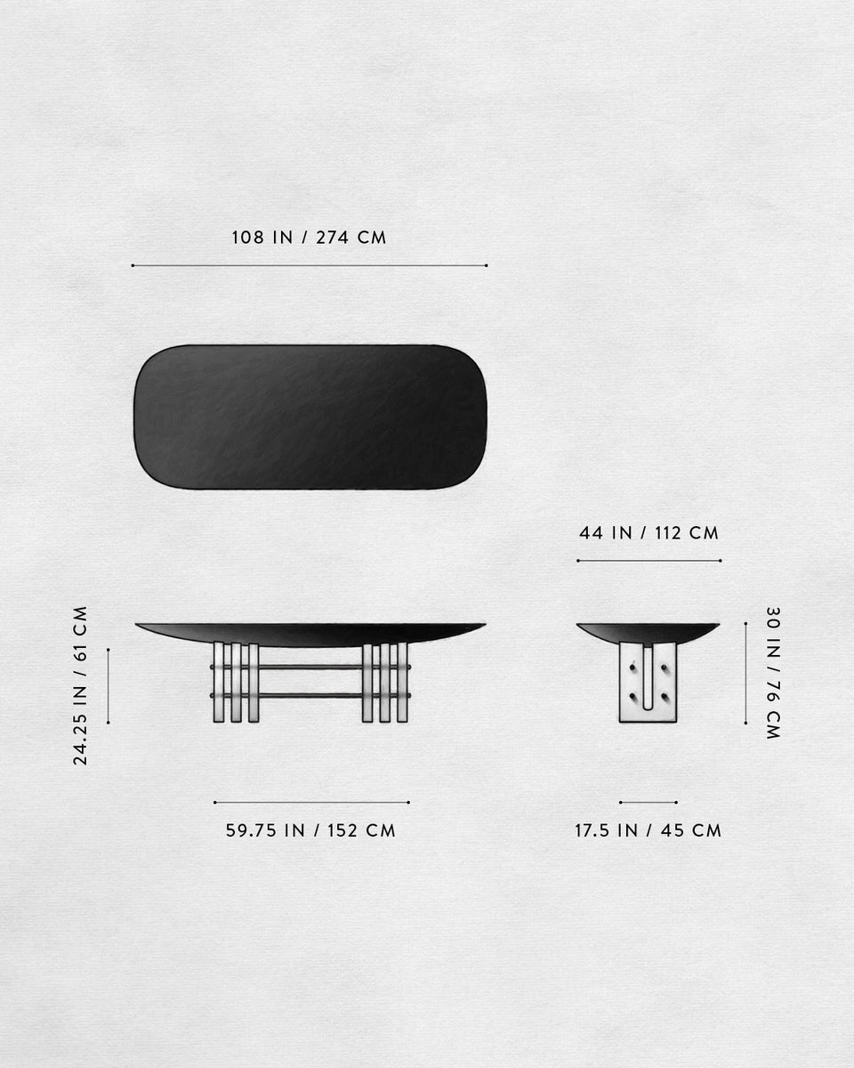 Top, front, and side black silhouette diagrams of a table with detailed measurements on a light background