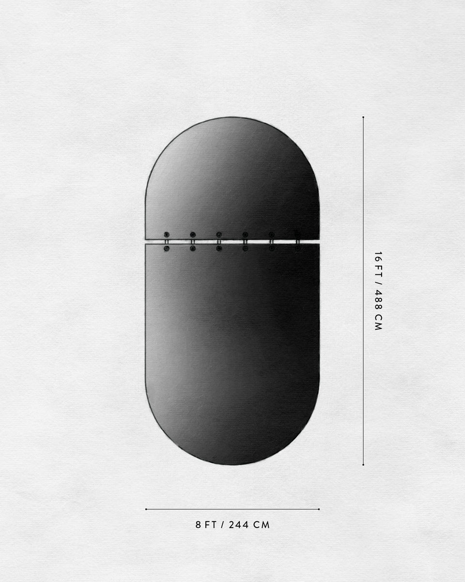 Top-down architectural plan of an elongated oval structure with dimensions marked on a white textured background