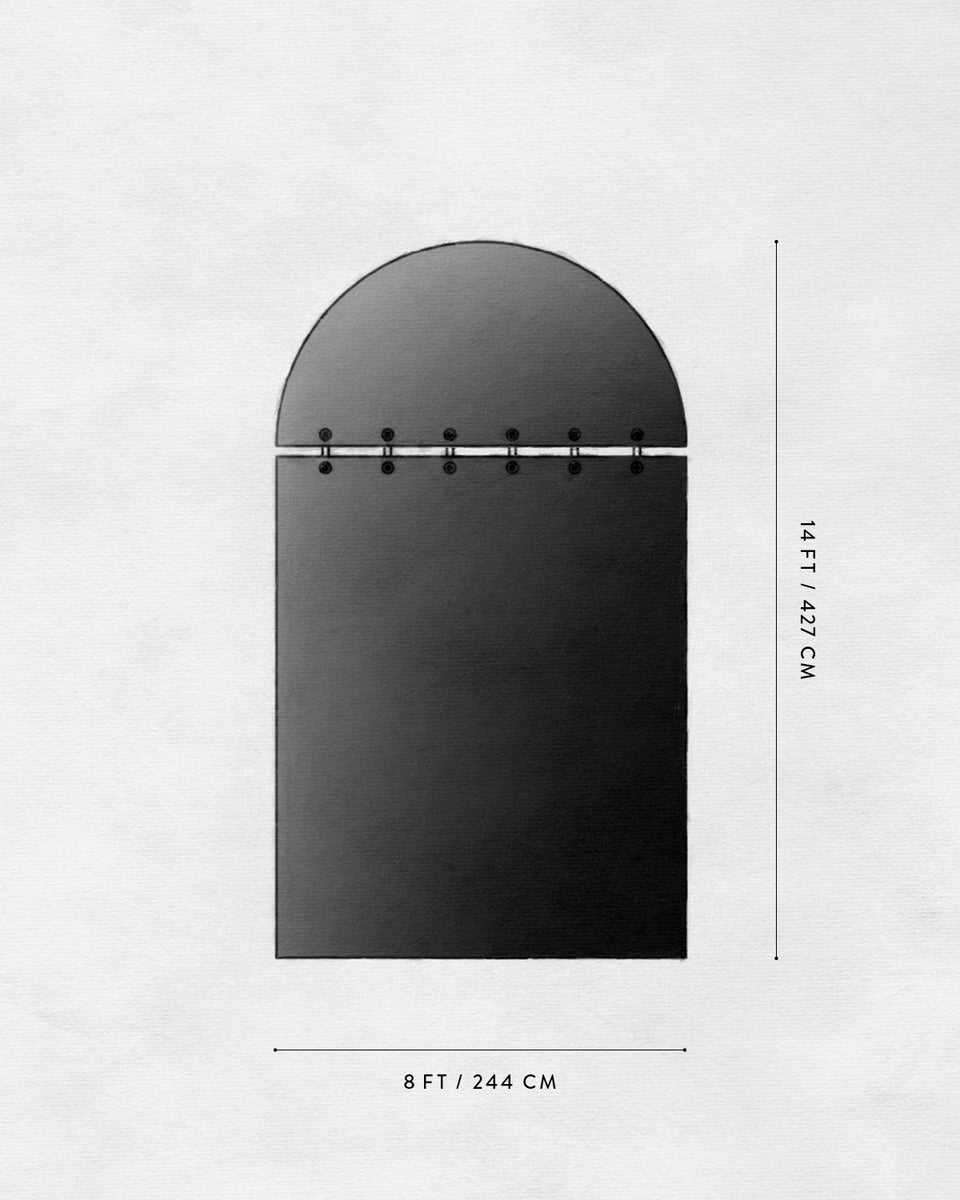 Black and white schematic of a two-part rectangular and semi-circular shape with labeled height and width dimensions