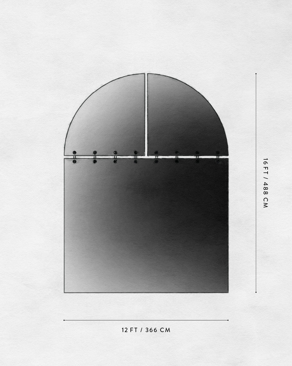 Black and white architectural drawing of a segmented arch shape with dimensions marked on a textured background