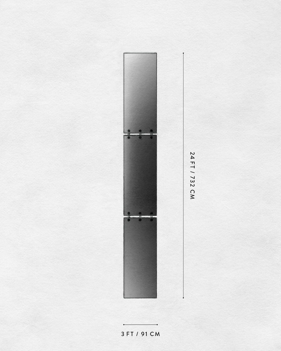 Vertical stack of three rectangular panels with metal brackets, shown with dimensions 24 feet by 3 feet on a textured background
