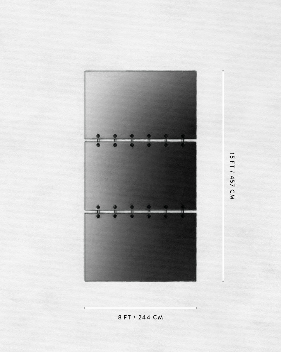 Diagram showing three connected rectangular black panels with measurement lines indicating 15 ft high and 8 ft wide on a white textured background