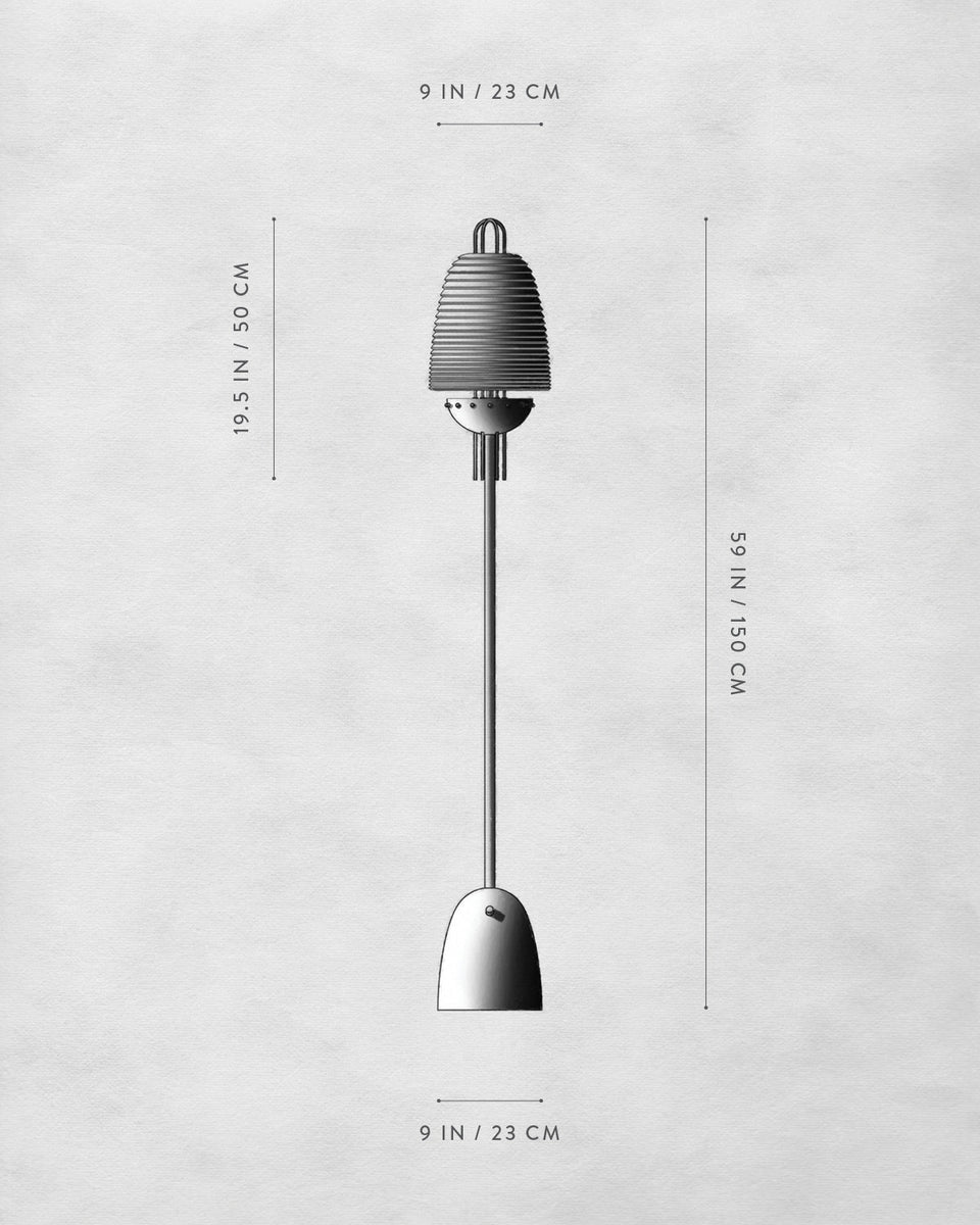 Technical drawing of a hanging light fixture with dimensions labeled in inches and centimeters on a plain background