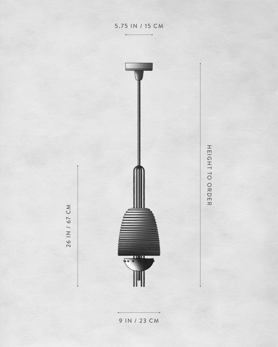 Technical illustration of a pendant light with ribbed shade and dimensions labeled on a light textured background