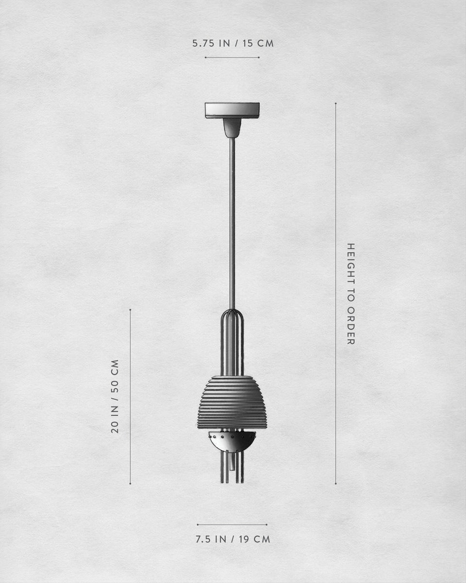 Technical drawing of a pendant light fixture with dimensions labeled on a textured light background
