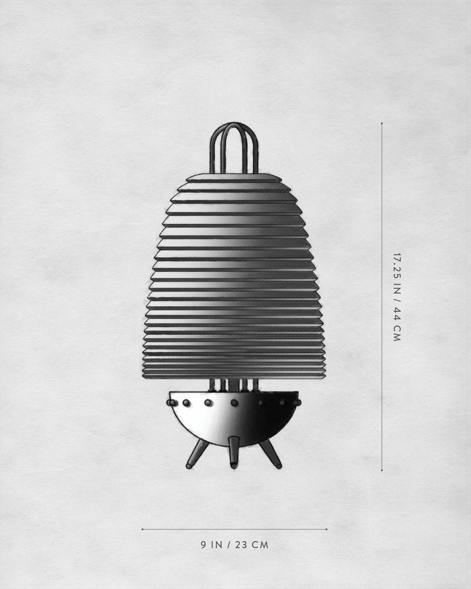 Monochrome technical drawing of a ribbed, rounded object with a tripod base and hanging loop on textured light background