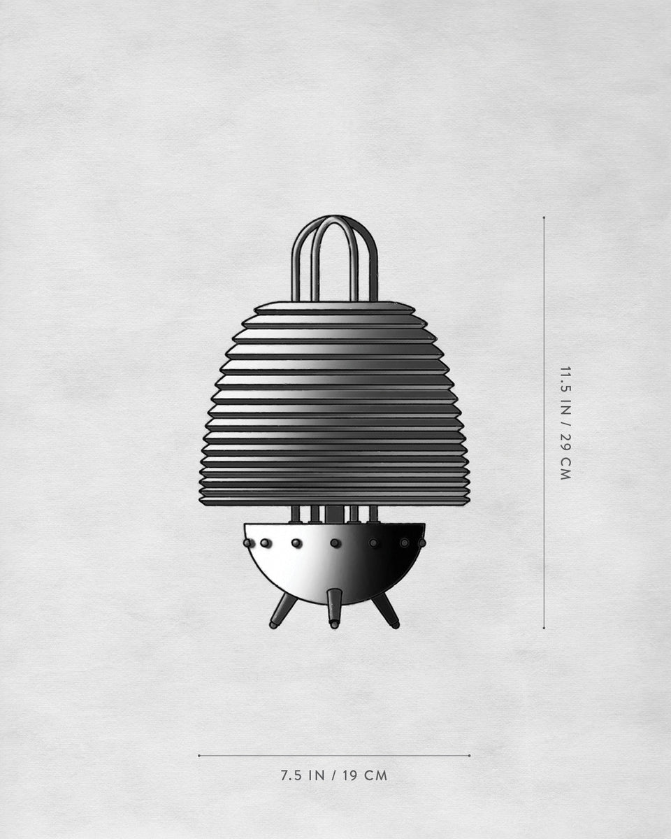 Monochrome technical drawing of a ribbed dome-shaped object with three legs and handle, dimensions noted on a light background