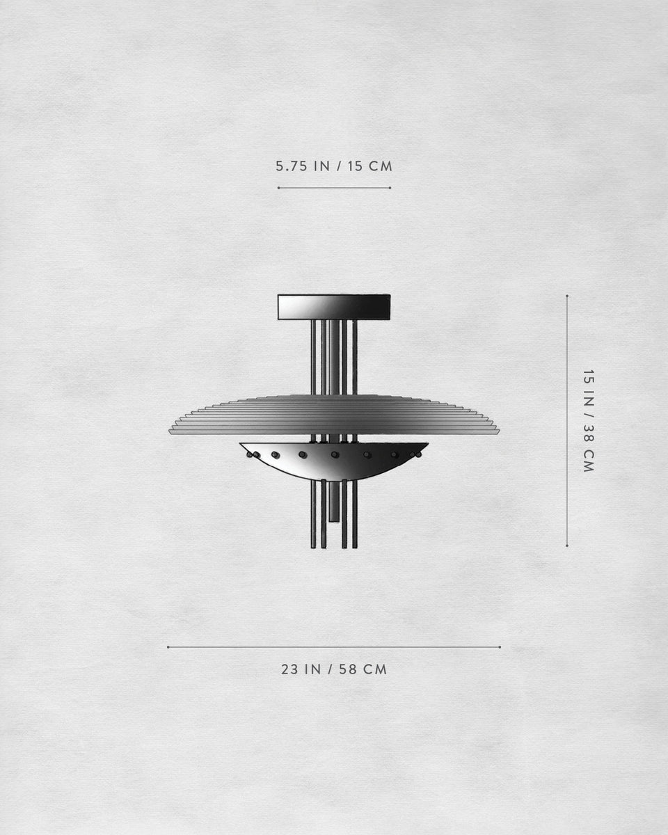 Side view illustration of a modern circular ceiling fixture with dimensions on a light textured background