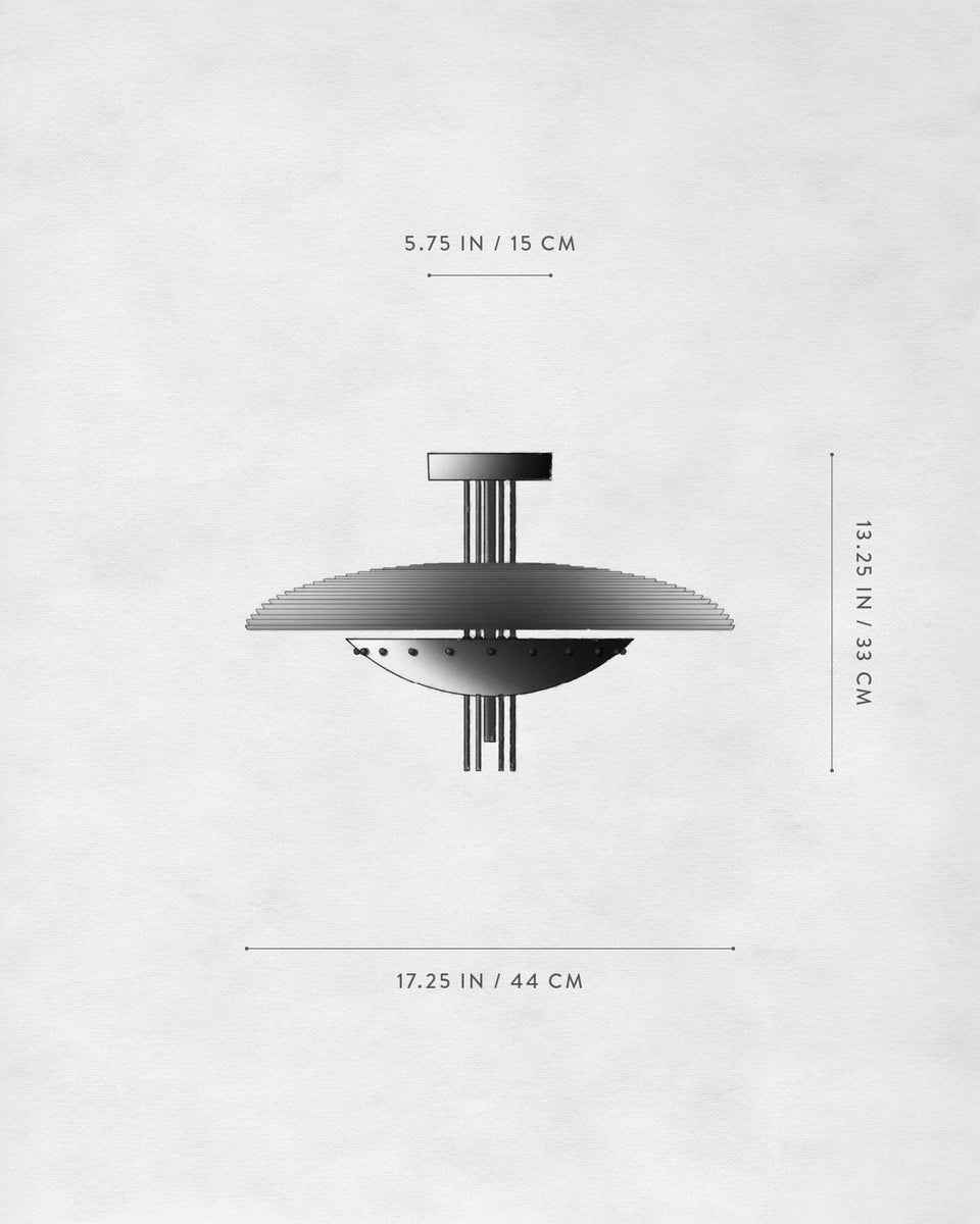 Side view diagram of a disc-shaped light fixture with dimensions marked in inches and centimeters on a light background