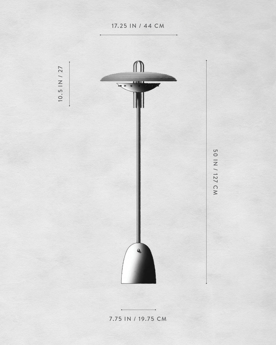 Technical drawing of a tall outdoor heater with dimensions labeled on a textured grey background