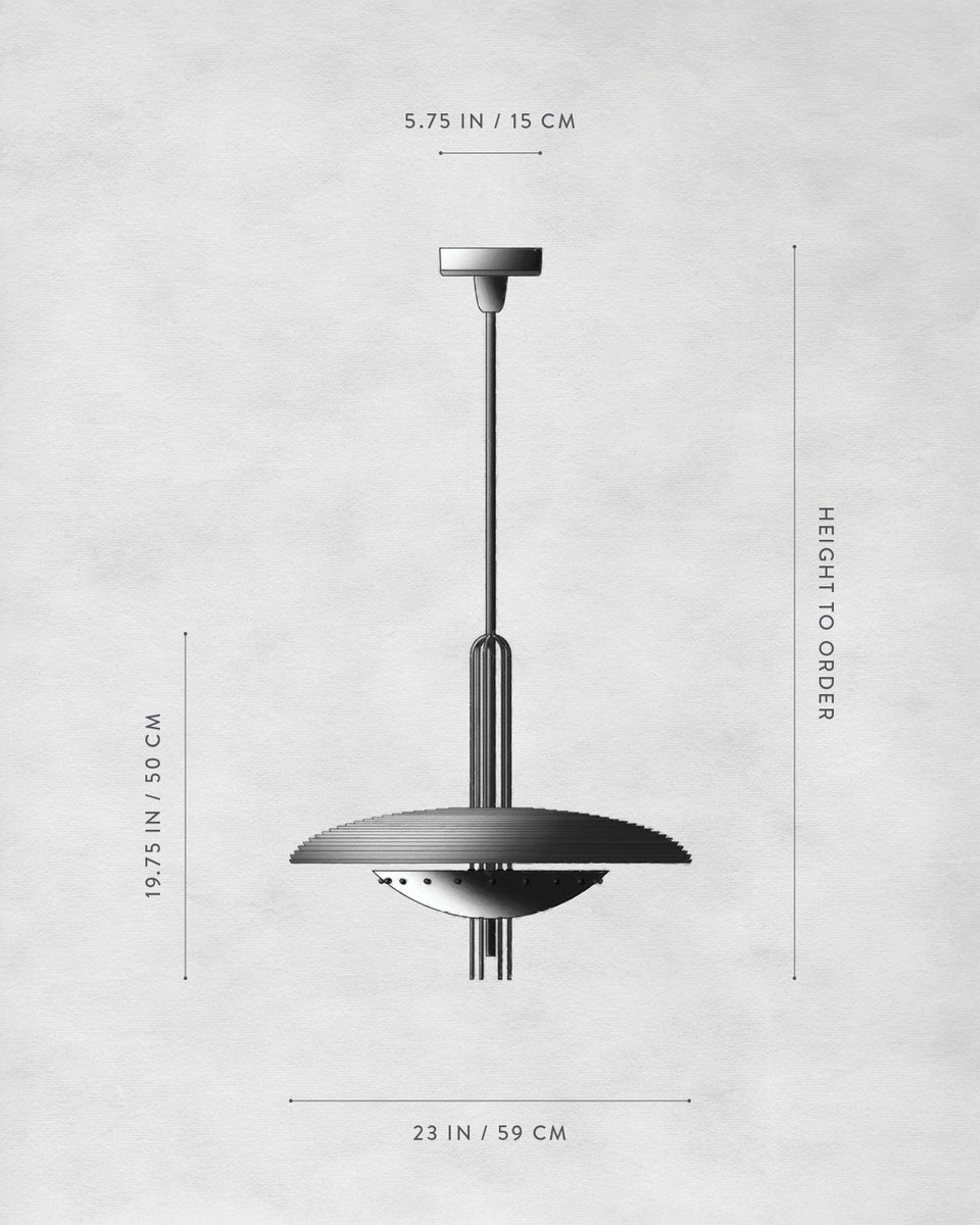 Black and white technical drawing of a pendant light fixture with dimensions labeled on a light textured background