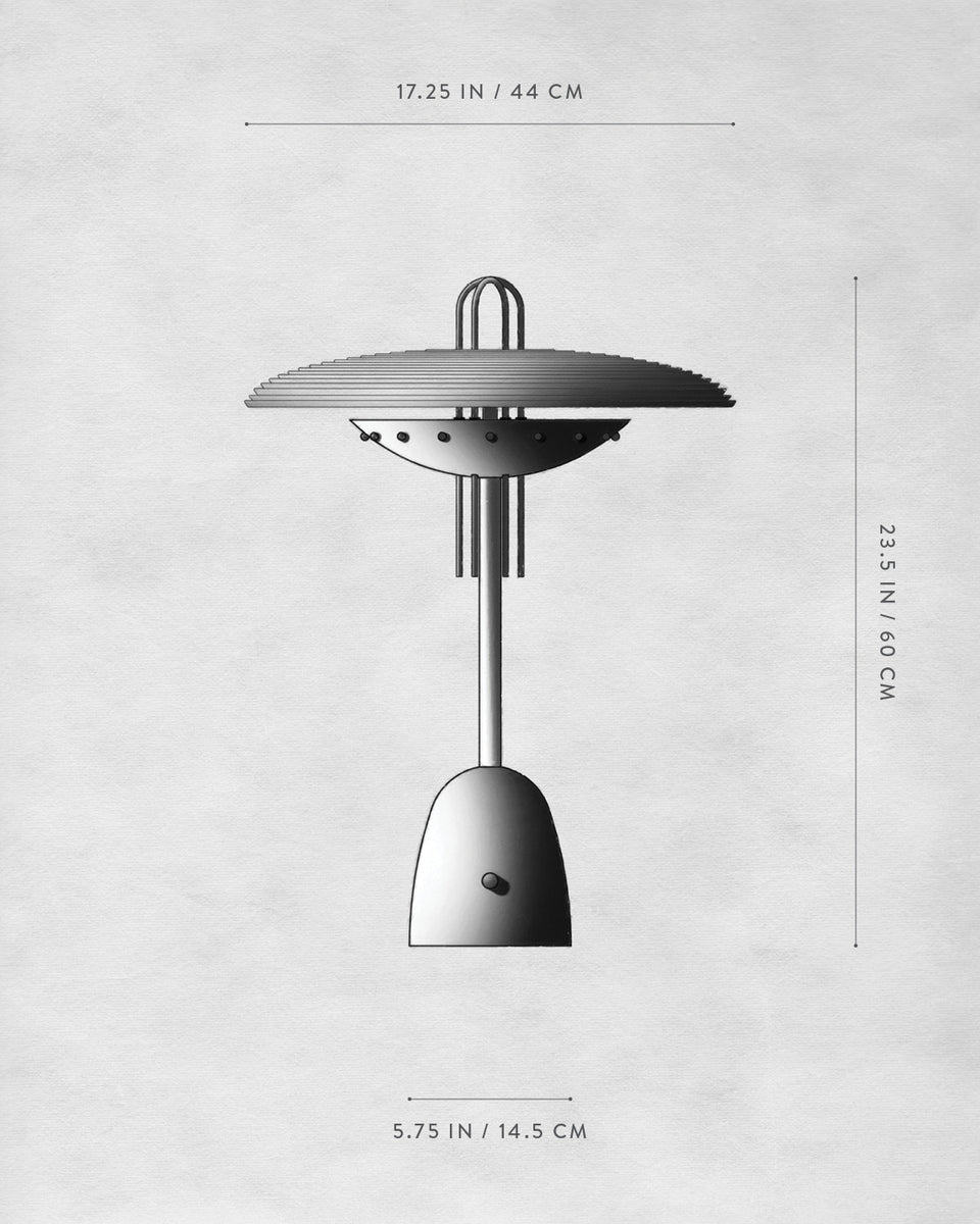 Technical drawing of a modern table lamp with dimensions on a textured light gray background