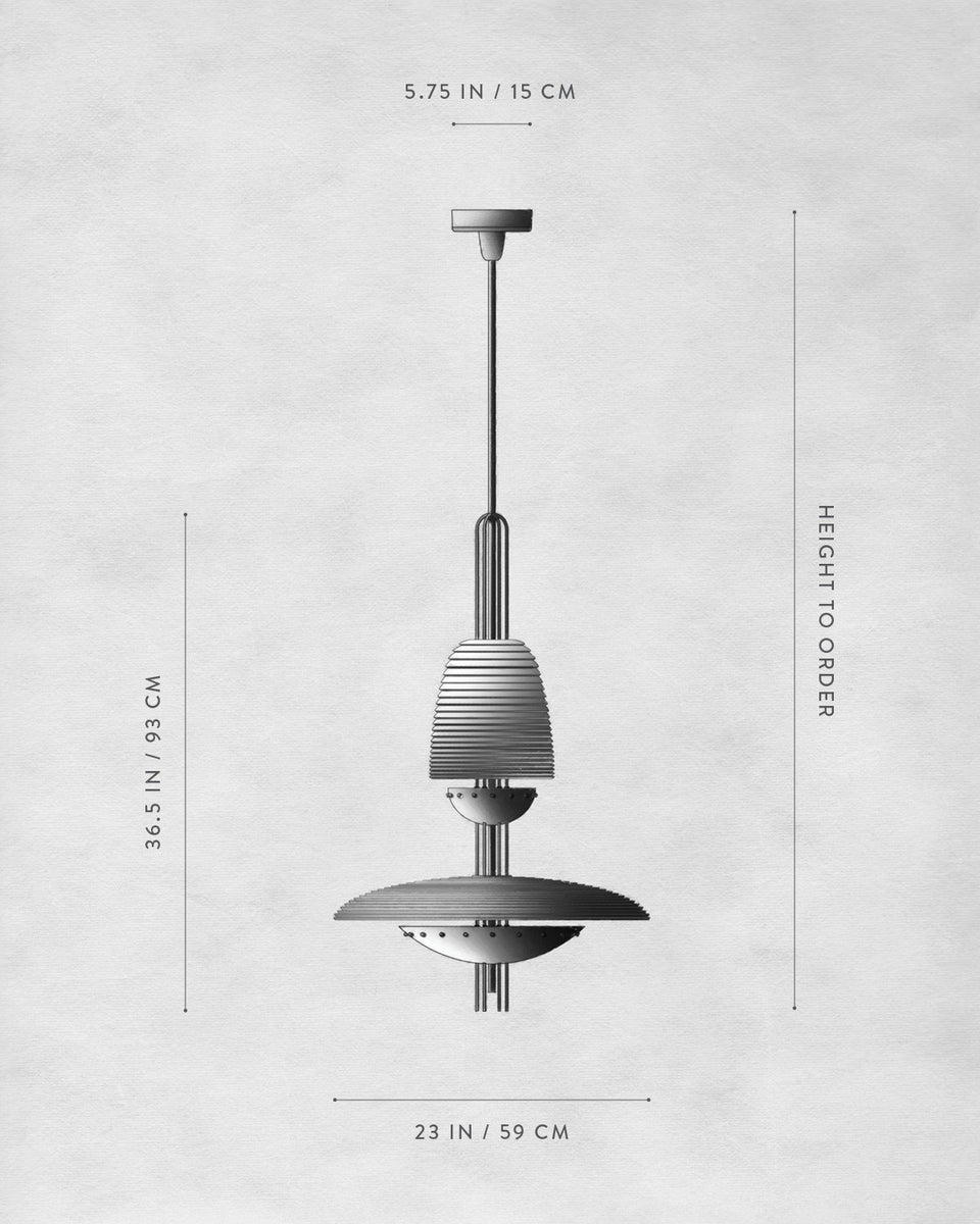 Technical drawing of a modern pendant lamp with dimensions shown on a textured light gray background