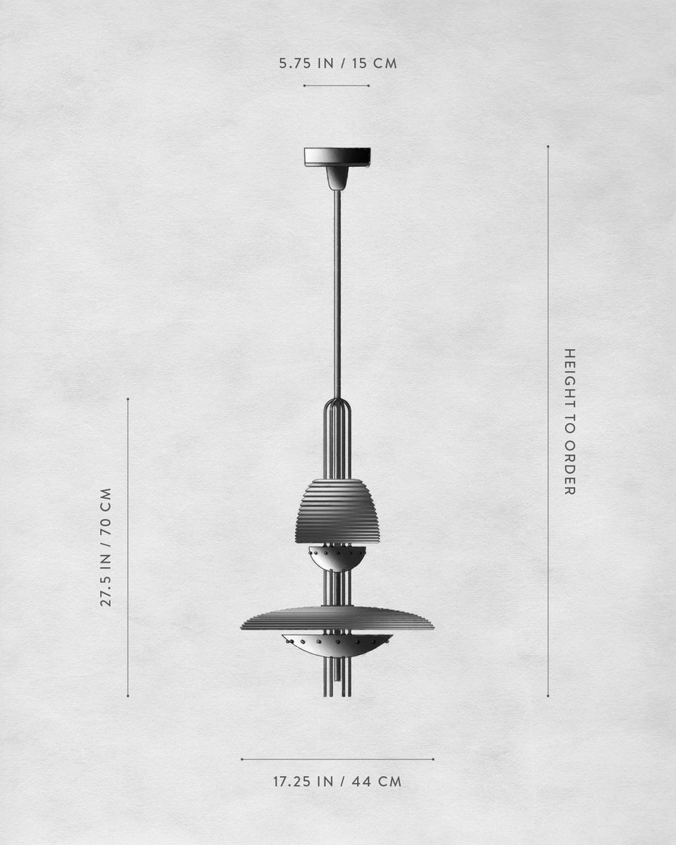 Monochrome technical drawing of a pendant light fixture with dimensions labeled in inches and centimeters on a textured grey background