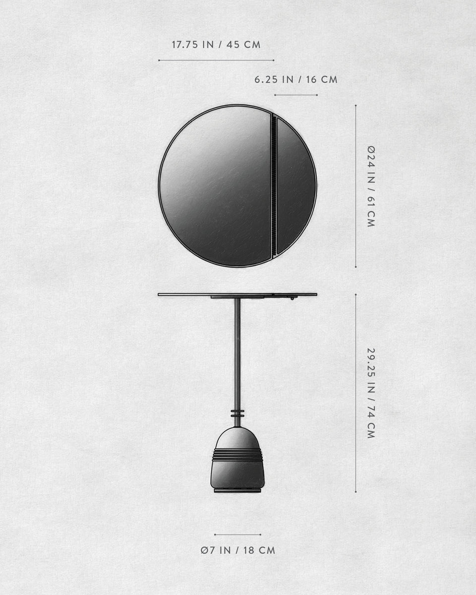 Technical drawing of a round mirror with a rectangular section, mounted on a vertical stand with measurements on a neutral background