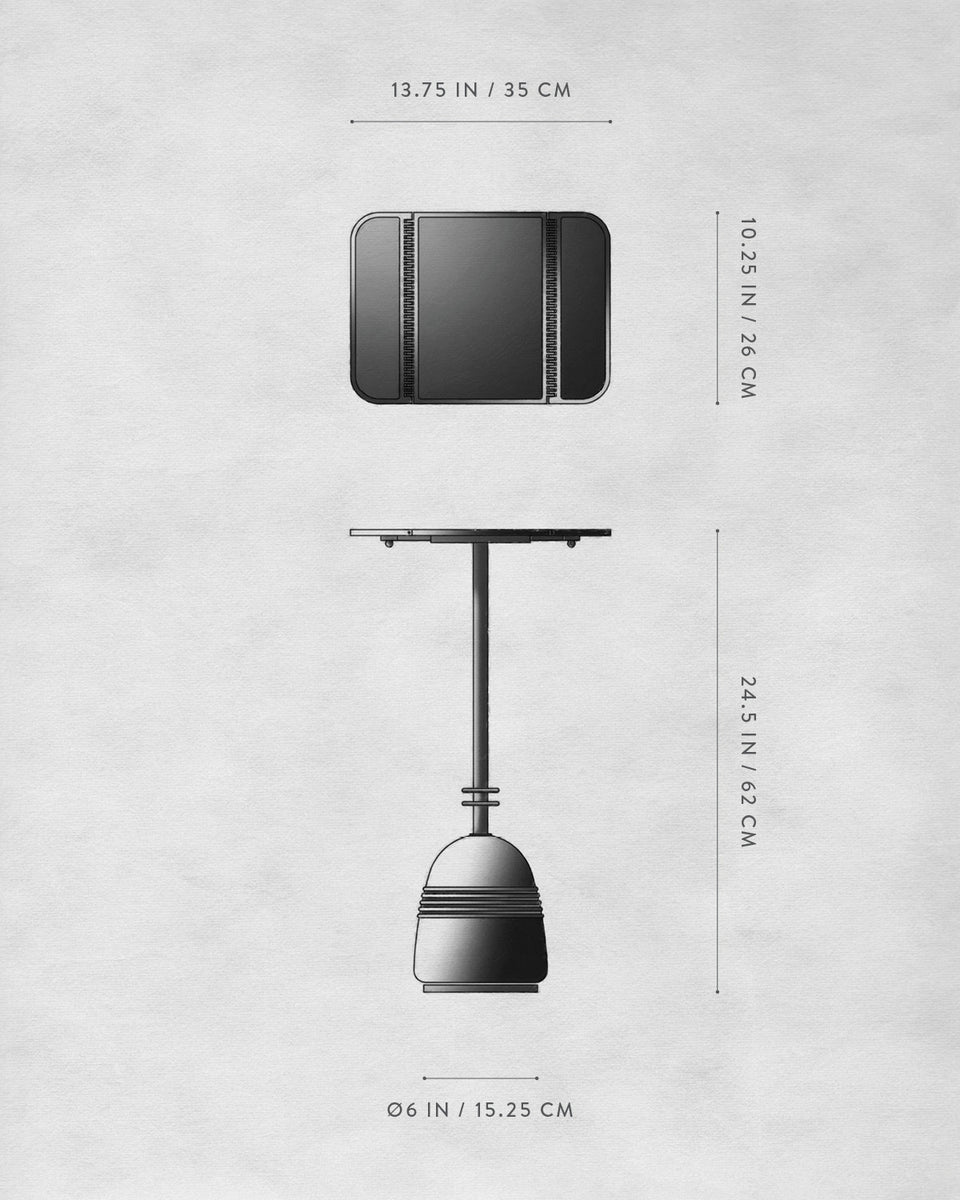 Technical illustration of a pendant light fixture with dimensions indicated on a neutral background