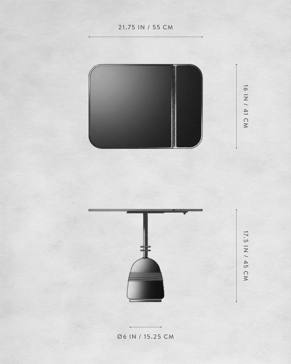 Technical drawing of a modern pendant light fixture with dimensions in inches and centimeters on a textured background