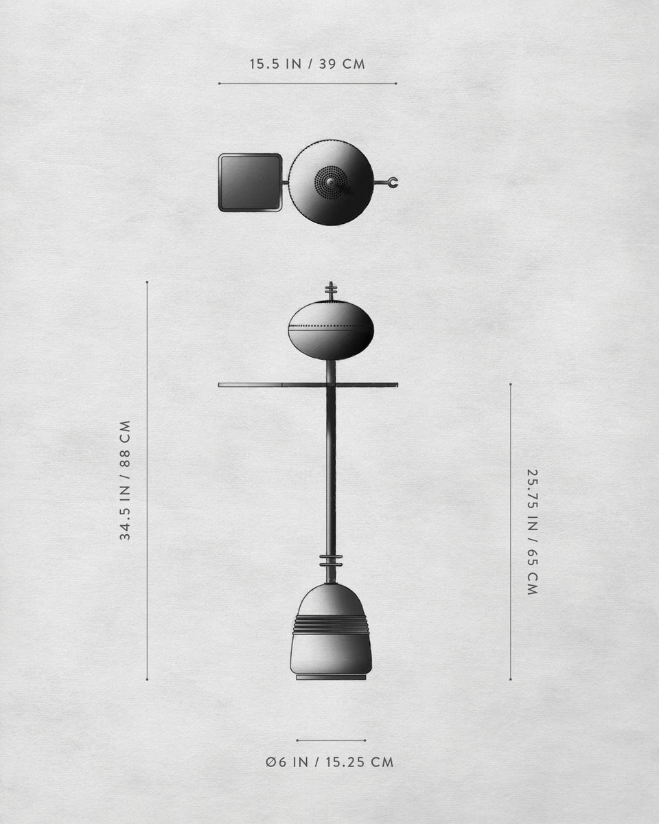 Technical drawing of a floor lamp with dimensions shown from top and side views on a light gray background