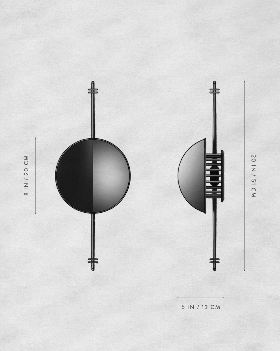 Technical drawing of a spherical object mounted on a vertical rod with labeled dimensions on a light textured background