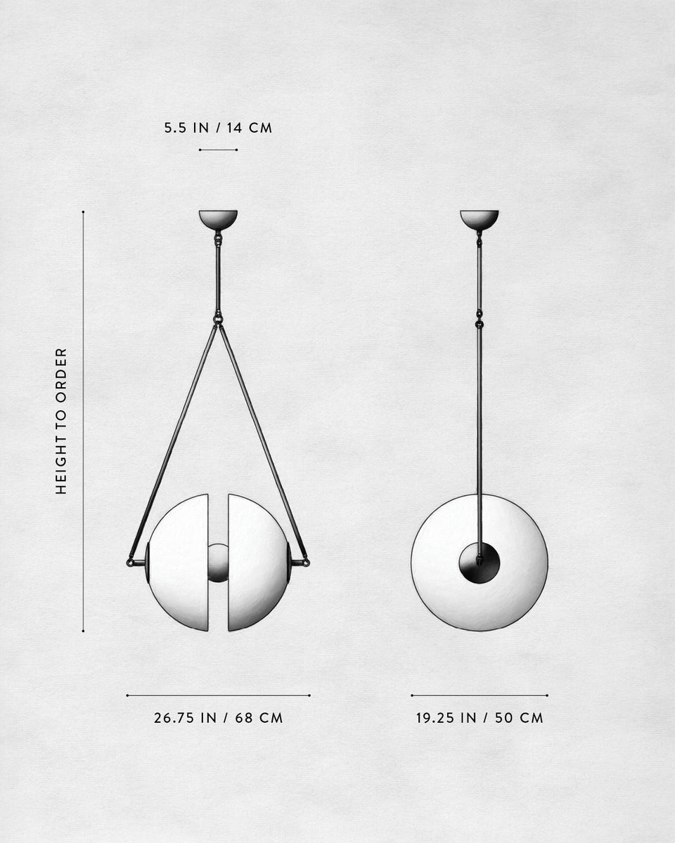 Technical drawing of two modern pendant light fixtures with dimensions on a textured off-white background