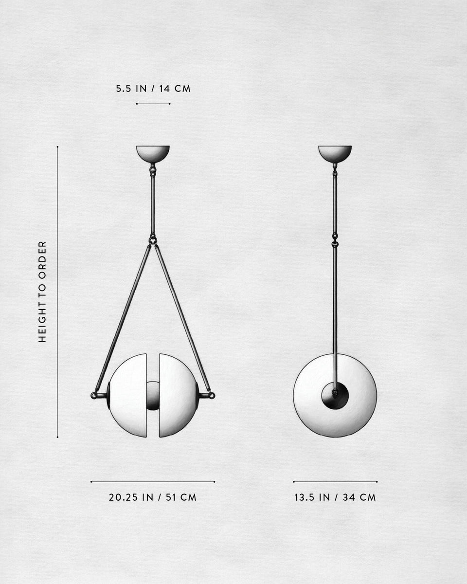 Technical illustration of two pendant light designs with measurements on a light textured background