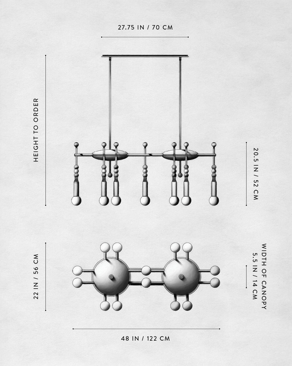 Technical illustration of a modern chandelier with dimensions annotated on a white background