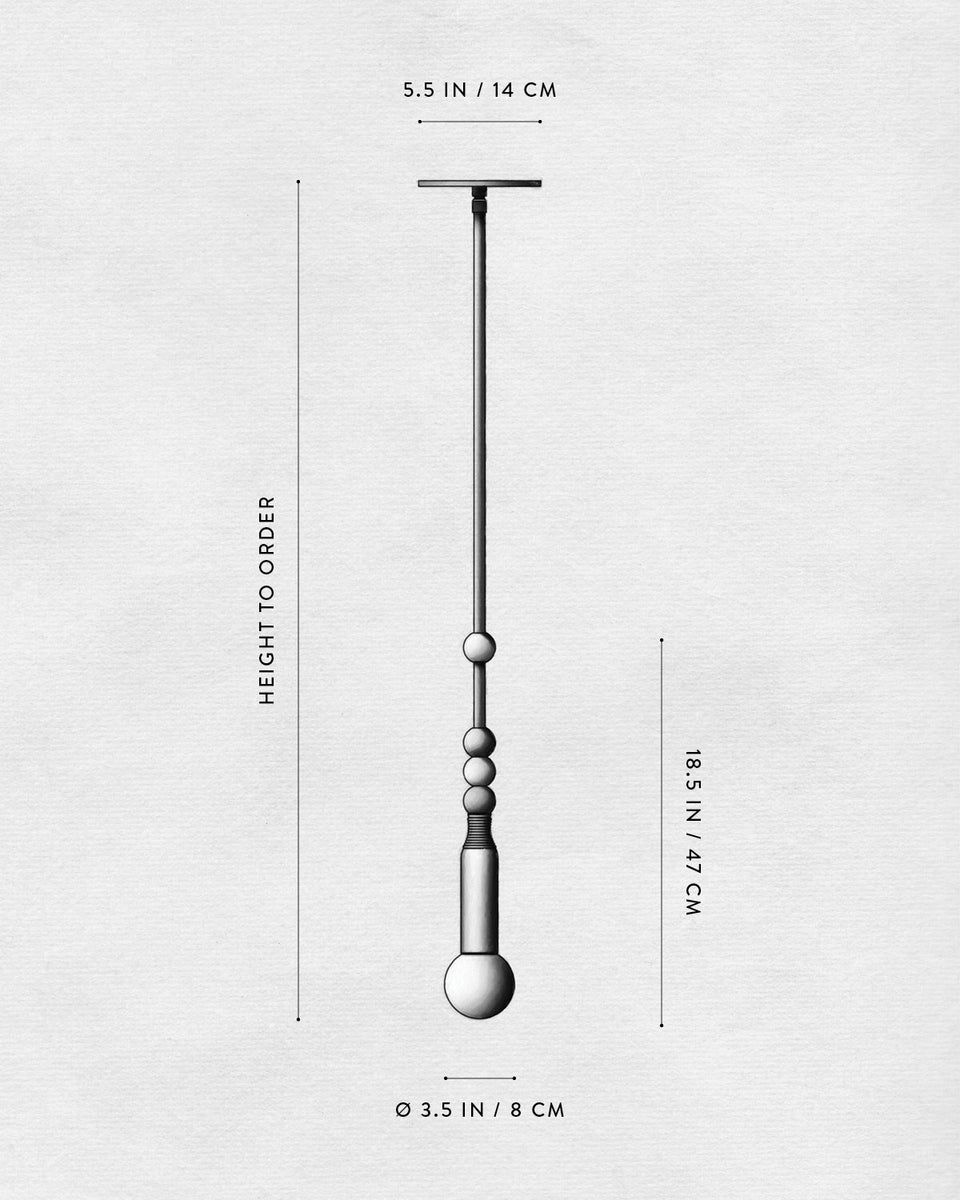 Monochrome technical illustration of a pendant light fixture with dimensions labeled on a neutral background