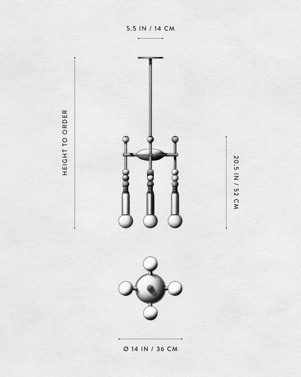 Technical drawing of a pendant light fixture with dimensions and a top-down view on a textured background