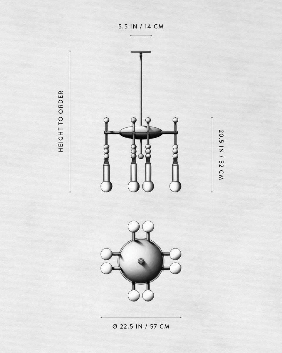 Technical drawing of a modern pendant light fixture with dimensions and multiple light bulbs shown from side and bottom views