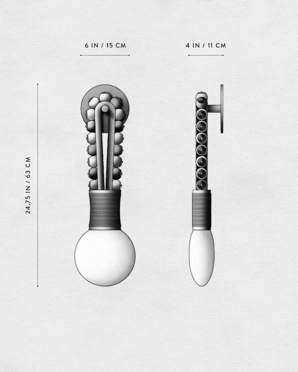 Technical drawing of a vertical beaded object with a rounded bulb at the bottom and measurements on a white background