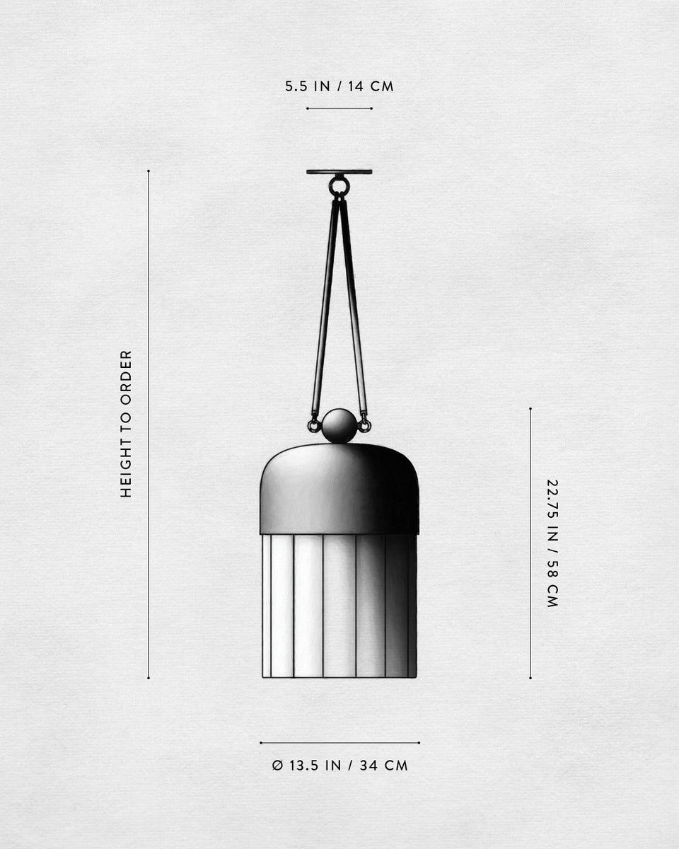 Monochrome technical drawing of a suspended cylindrical light fixture with dimensions marked on a textured background