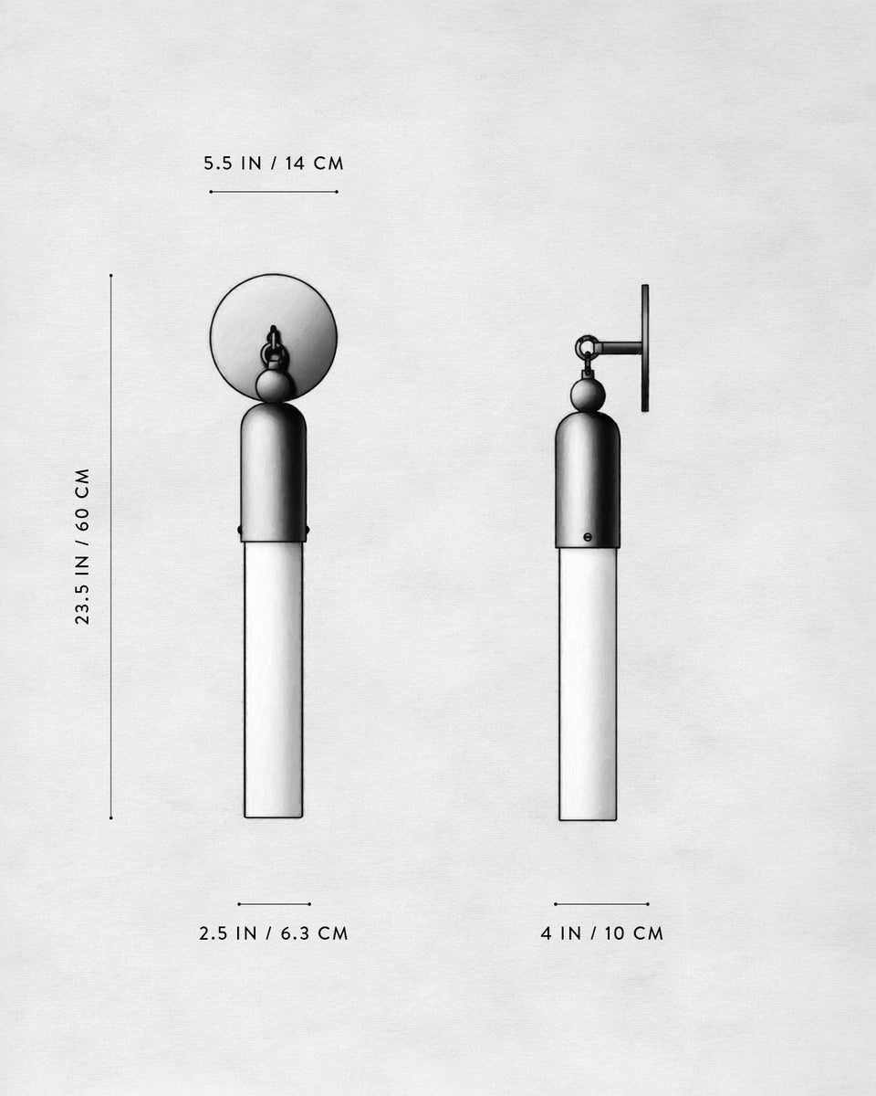 Technical drawing of a wall-mounted cylindrical light fixture with dimensions and front and side views on a plain background