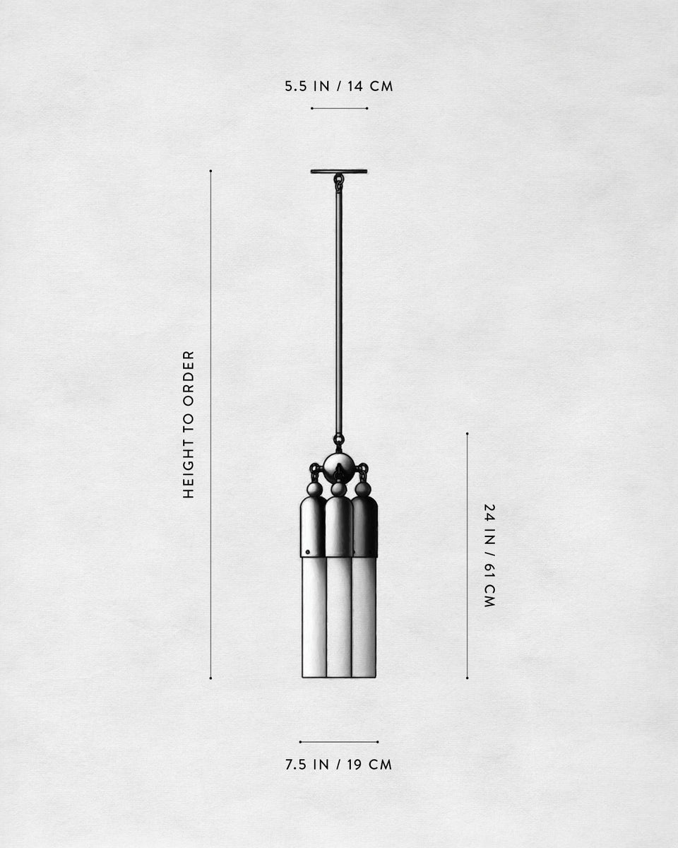 Technical line drawing of a pendant light with measurements indicating height, width, and diameter on a plain background