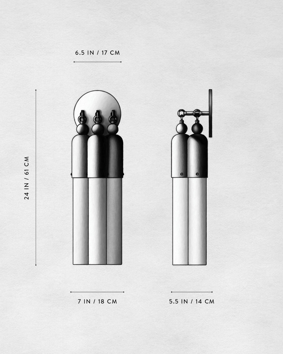 Technical drawing of a triple cylindrical wall fixture with dimensions annotated against a plain background