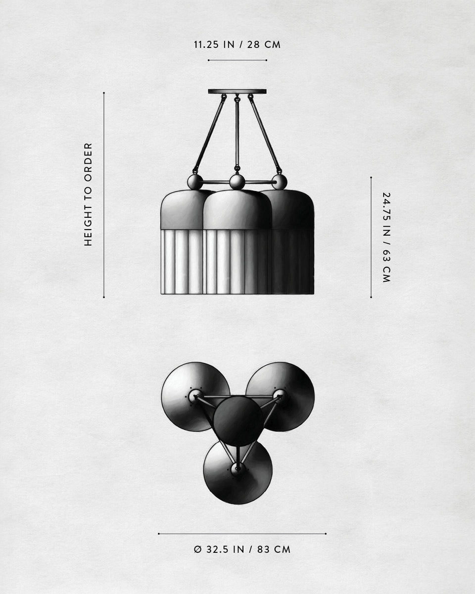 Monochrome technical drawing of a three-light pendant lamp with dimensions on a textured light background