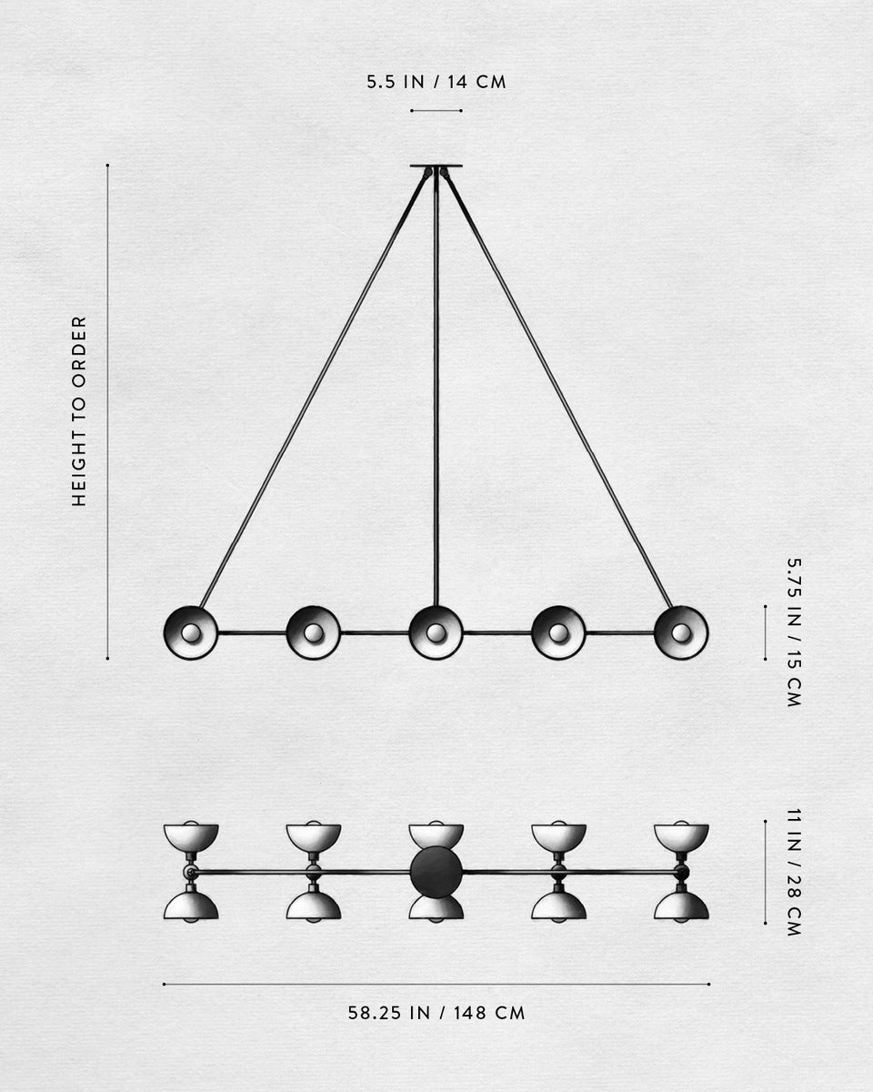 Technical drawing of a linear pendant light fixture with five round shades and specified dimensions on a white background