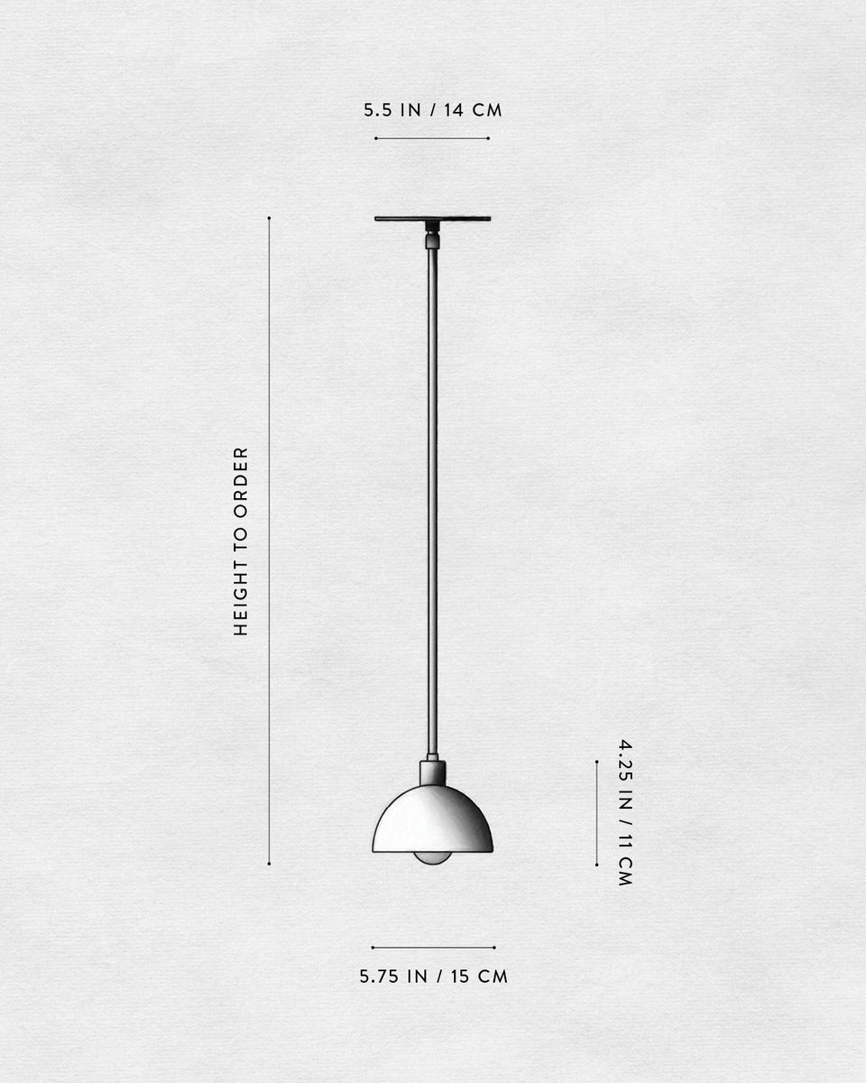 Technical drawing of a minimalist pendant light fixture with dimensions shown against a textured light background