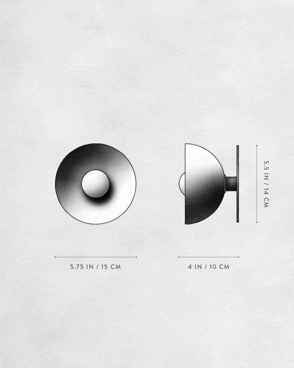 Technical illustration showing front and side views of a rounded object with dimensional measurements on a light textured background