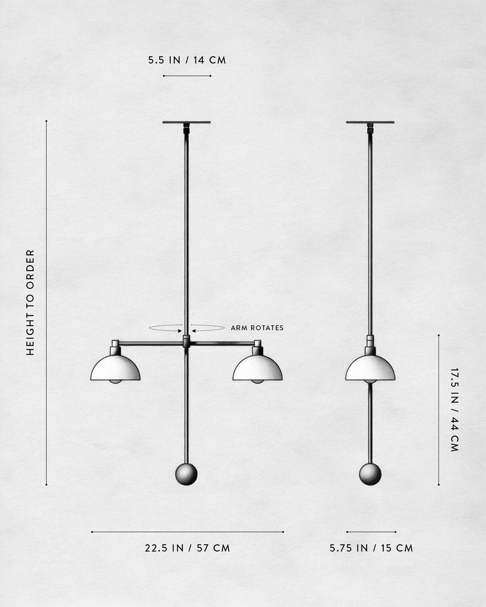 Technical line drawing of a pendant light fixture with two dome shades and labeled dimensions on a plain background