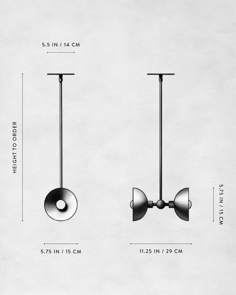 Technical line drawing of two modern pendant lights with dimensional measurements on a plain light background