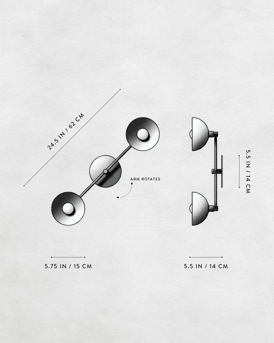 Technical drawing of a double-arm wall light fixture with dimensions and rotating arm indication on a light textured background