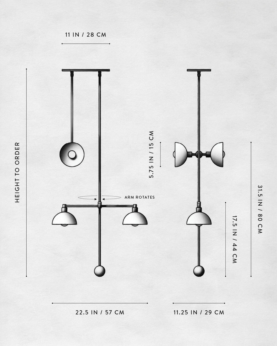 Technical drawing of a modern adjustable pendant light fixture with dimensions and rotating arm details on a white background