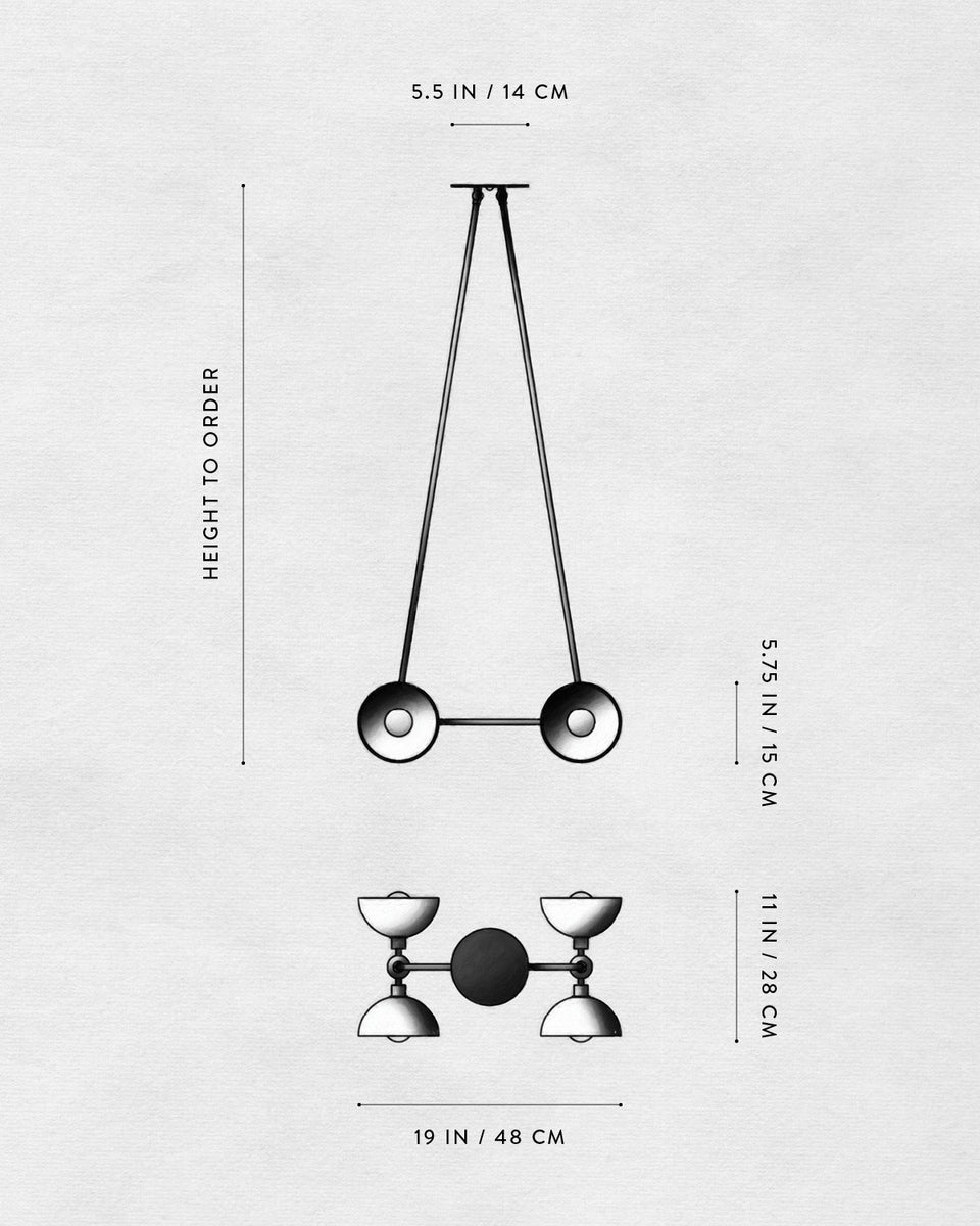 Technical drawing of a hanging light fixture with two round shades and dimensional measurements on a white background