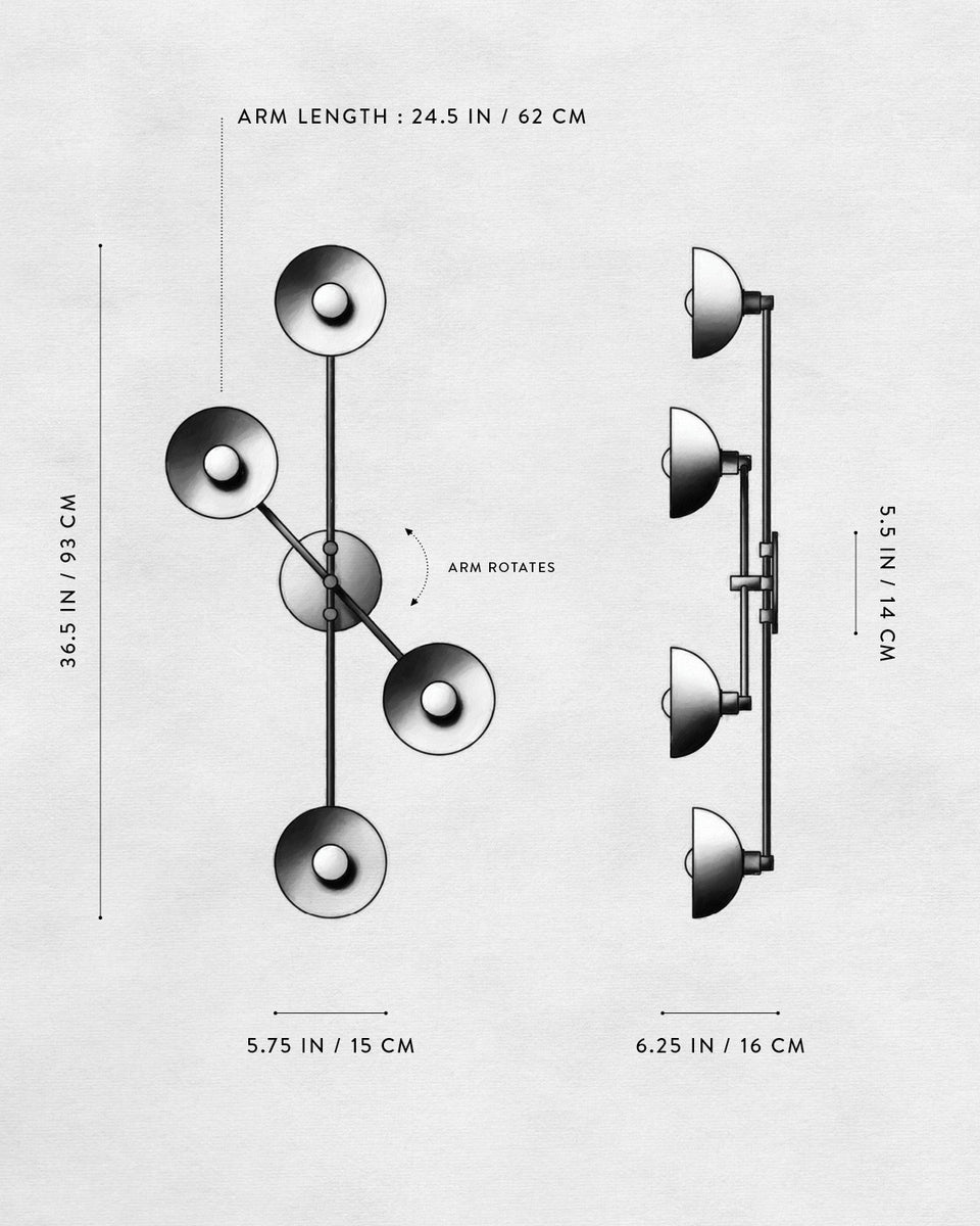 Technical drawing of a four-light wall fixture with rotating arms and detailed measurements in inches and centimeters