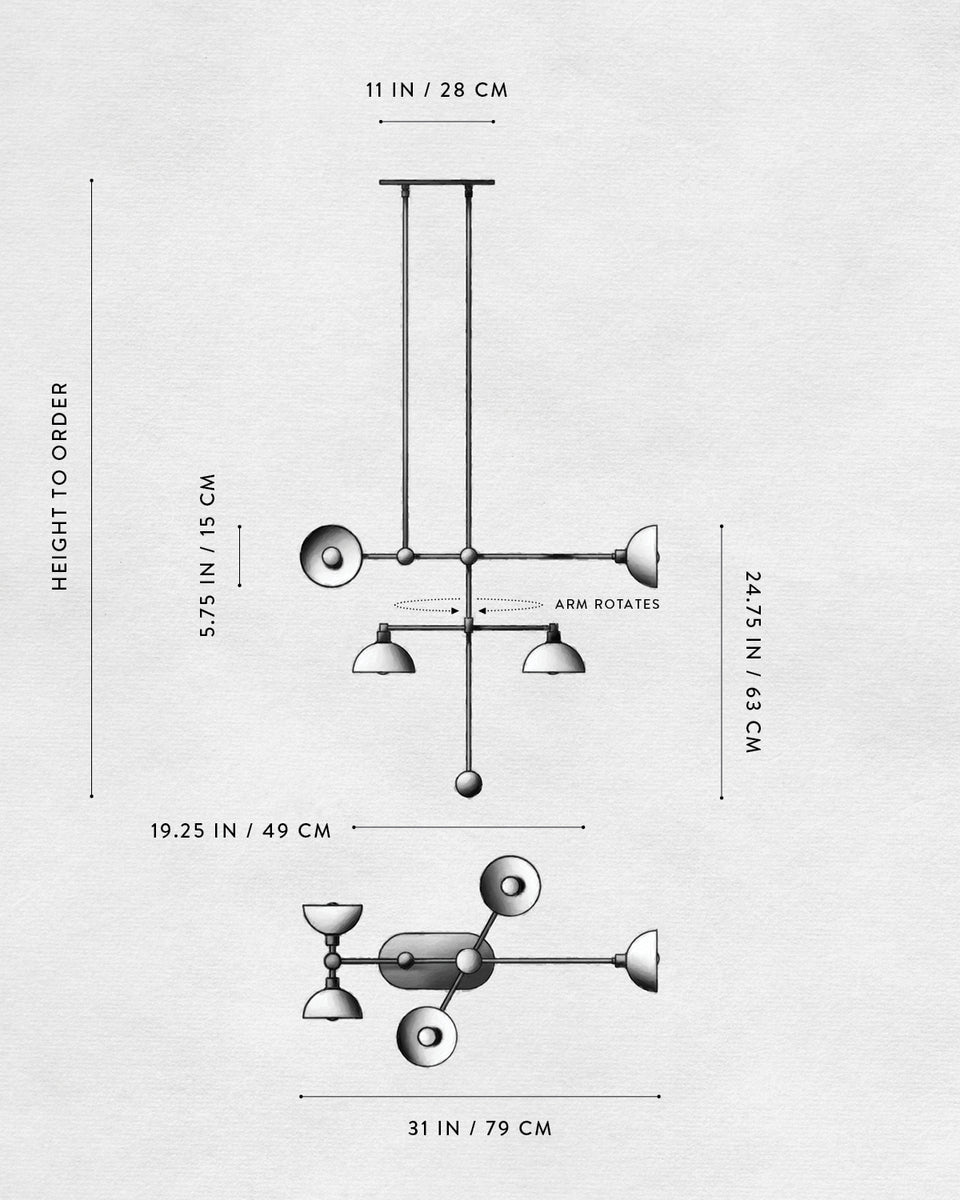 Technical drawing of a modern adjustable ceiling light fixture with dimensions and rotating arm details on a white background