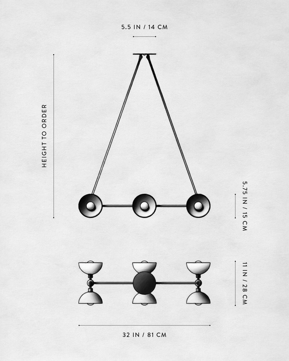 Technical drawing of a three-light pendant fixture with dimensions and adjustable height on a white background