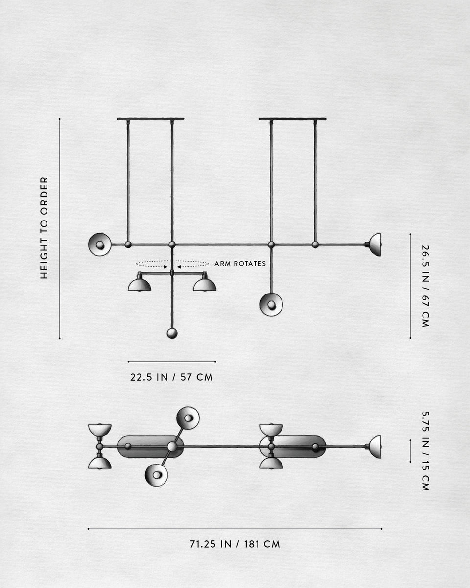 Technical drawing of a multi-arm ceiling light fixture with dimensions and rotating arm indication on a white background