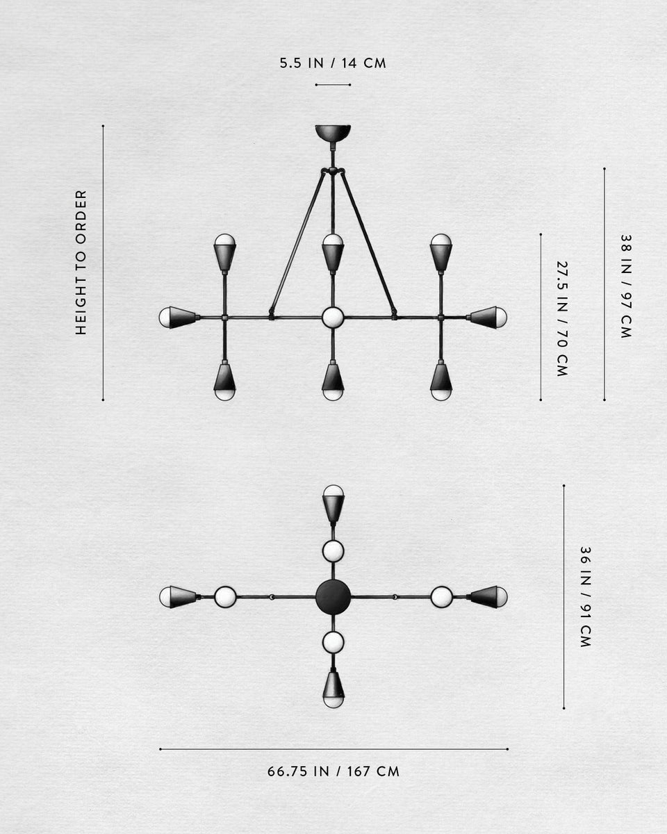 Technical drawing of a modern chandelier showing front and top views with detailed measurements on a white background